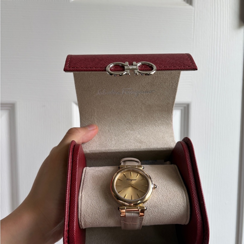 Salvatore Ferragamo Gold Dial Beige Strap Ladies Watch in Red Travel Case